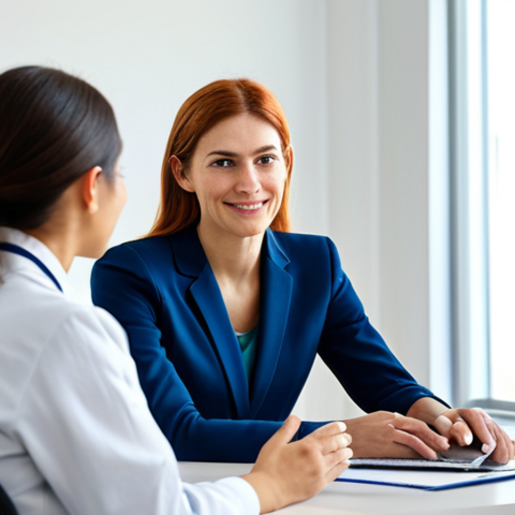A professional female nutritionist, fully clothed in a modest business suit, seated at a modern desk in a brightly lit, clean public health center office. She is engaged in an empathetic, one-on-one conversation with a female patient, who is also fully clothed in appropriate, modest attire. The nutritionist is actively listening, conveying a sense of personalized care and a realistic, sustainable approach to health, moving away from restrictive diets. The atmosphere is welcoming and professional. Perfect anatomy, correct proportions, natural pose, well-formed hands, proper finger count, natural body proportions. Safe for work, appropriate content, fully clothed, professional, family-friendly.