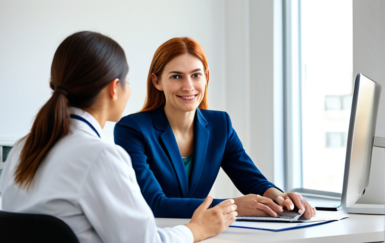A professional female nutritionist, fully clothed in a modest business suit, seated at a modern desk in a brightly lit, clean public health center office. She is engaged in an empathetic, one-on-one conversation with a female patient, who is also fully clothed in appropriate, modest attire. The nutritionist is actively listening, conveying a sense of personalized care and a realistic, sustainable approach to health, moving away from restrictive diets. The atmosphere is welcoming and professional. Perfect anatomy, correct proportions, natural pose, well-formed hands, proper finger count, natural body proportions. Safe for work, appropriate content, fully clothed, professional, family-friendly.