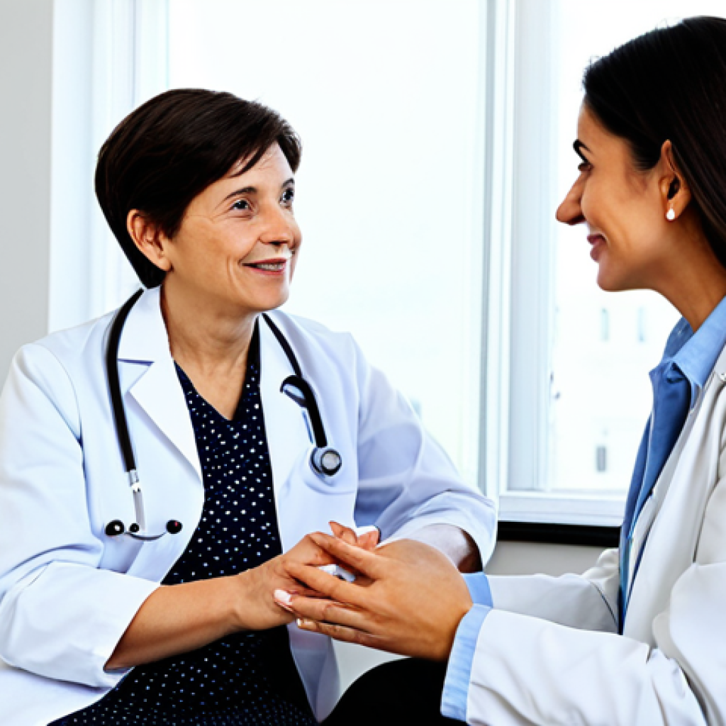 A compassionate female doctor in a professional white coat gently conversing with an attentive elderly female patient in modest, comfortable attire, seated in a bright, modern primary care clinic. The doctor is explaining preventive health measures, fostering trust and a sense of calm. The setting is clean and welcoming, with soft, natural lighting. Perfect anatomy, correct proportions, natural pose, well-formed hands, proper finger count, natural body proportions. Safe for work, appropriate content, fully clothed, professional, family-friendly.