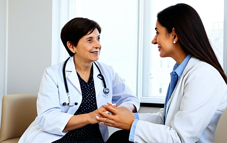 A compassionate female doctor in a professional white coat gently conversing with an attentive elderly female patient in modest, comfortable attire, seated in a bright, modern primary care clinic. The doctor is explaining preventive health measures, fostering trust and a sense of calm. The setting is clean and welcoming, with soft, natural lighting. Perfect anatomy, correct proportions, natural pose, well-formed hands, proper finger count, natural body proportions. Safe for work, appropriate content, fully clothed, professional, family-friendly.