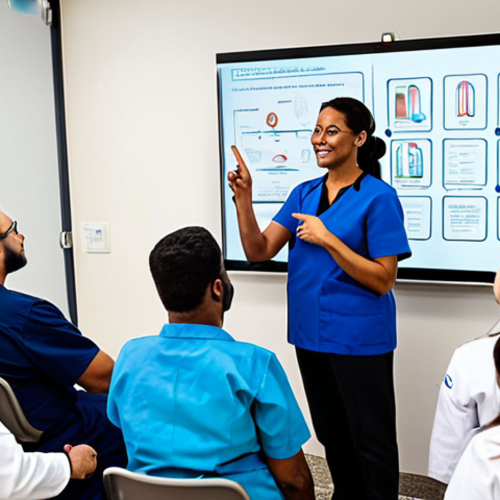 A diverse group of adults, including men and women of various ages, fully clothed in modest and appropriate attire, actively participating in a diabetes education workshop led by a professional nurse in a brightly lit, modern primary care clinic. The nurse, wearing professional dress, is pointing to a diagram on a large screen, engaging with the group. The atmosphere is supportive and educational. The scene emphasizes community and learning. Perfect anatomy, correct proportions, natural pose, well-formed hands, proper finger count, natural body proportions, safe for work, appropriate content, fully clothed, family-friendly, professional photography, high quality.