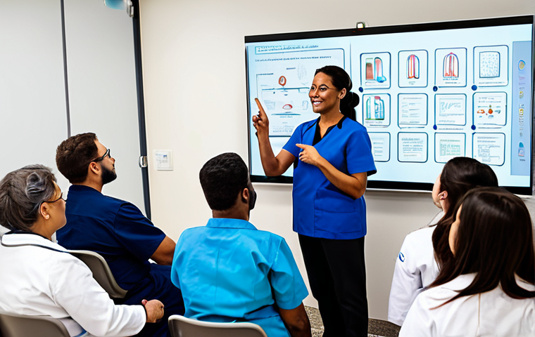 A diverse group of adults, including men and women of various ages, fully clothed in modest and appropriate attire, actively participating in a diabetes education workshop led by a professional nurse in a brightly lit, modern primary care clinic. The nurse, wearing professional dress, is pointing to a diagram on a large screen, engaging with the group. The atmosphere is supportive and educational. The scene emphasizes community and learning. Perfect anatomy, correct proportions, natural pose, well-formed hands, proper finger count, natural body proportions, safe for work, appropriate content, fully clothed, family-friendly, professional photography, high quality.