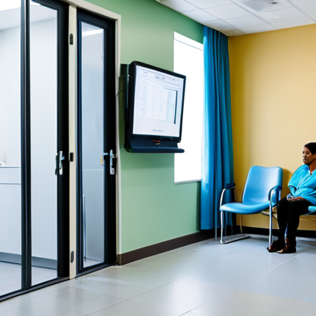 **Image:** A modern medical clinic waiting room, featuring patients in comfortable, modest attire. An ultrasound machine is visible in the background, partially obscured by a doorway. The scene should convey accessibility and modern healthcare. Prompt: "A bright and welcoming waiting room in a health center, fully clothed patients, modern ultrasound equipment visible, appropriate content, safe for work, professional medical setting, perfect anatomy, natural pose, well-lit, family-friendly atmosphere."