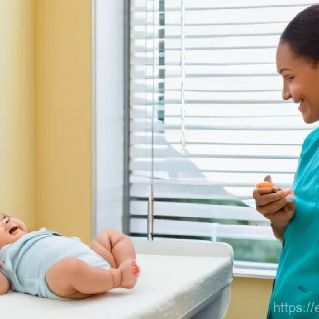 보건소에서 가능한 유아 건강검진 - **Prompt:** A warm and brightly lit pediatrician's office, featuring a gentle female pediatrician wi...