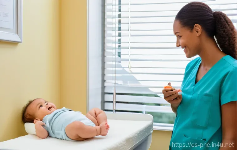 보건소에서 가능한 유아 건강검진 - **Prompt:** A warm and brightly lit pediatrician's office, featuring a gentle female pediatrician wi...