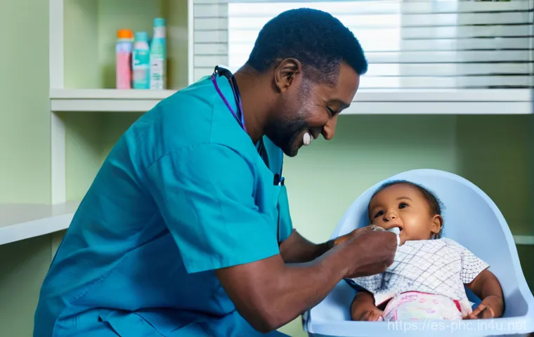 보건소에서 가능한 유아 건강검진 - **Prompt:** A warm and brightly lit pediatrician's office, featuring a gentle female pediatrician wi...